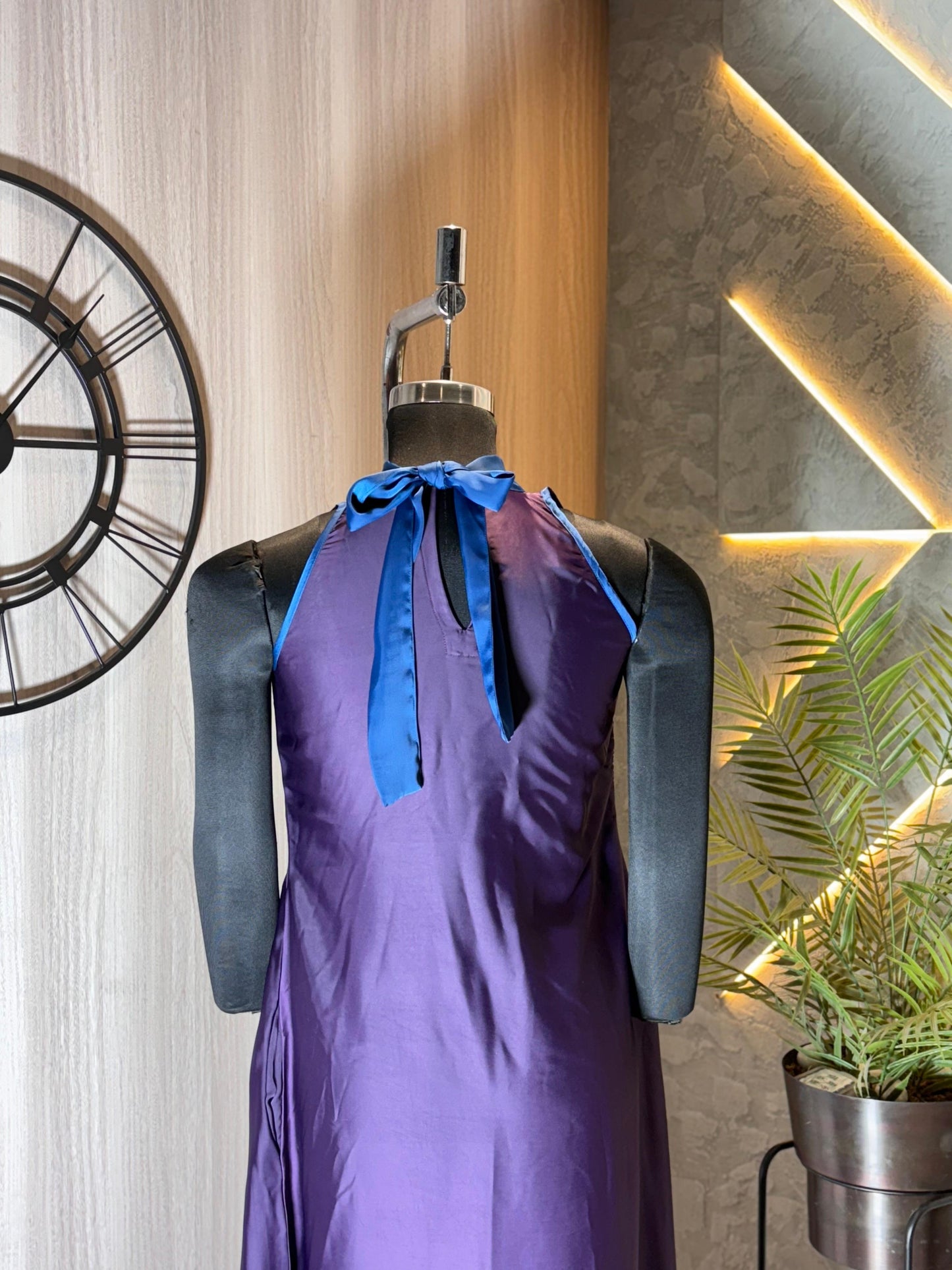 0231-D-HOB -Elegant cotton  Halter Neck Maxi Dress with Bow Tie – Purple & Blue - Made in india