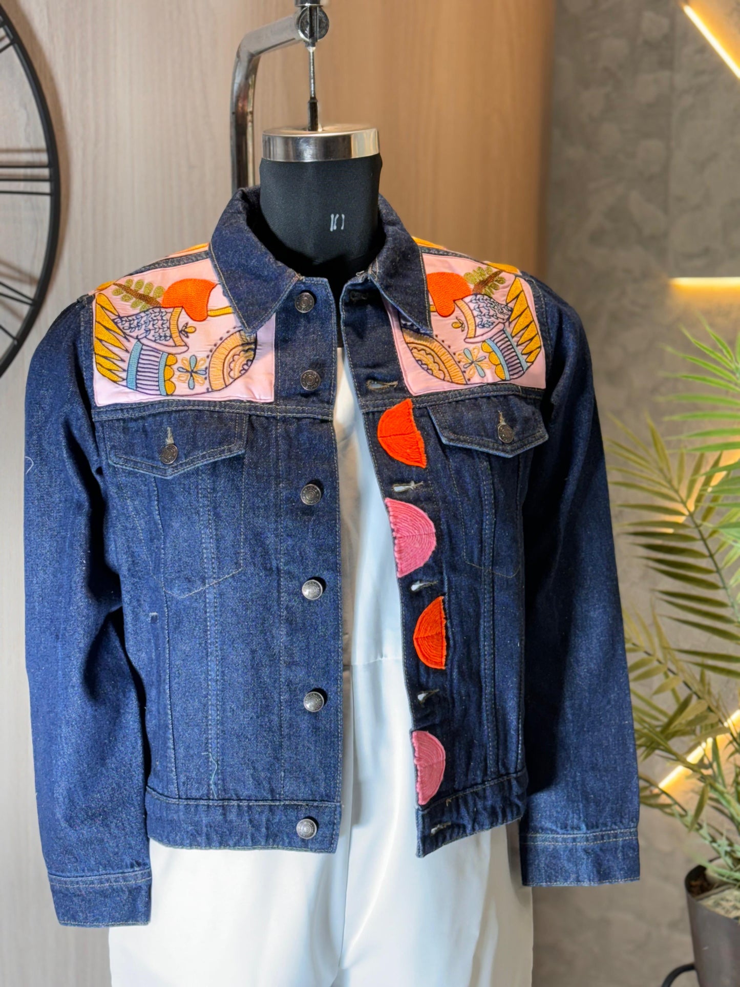 0145-J-HOB-Handcrafted Denim Jacket with Folk Art Bird Embroidery - Made in India