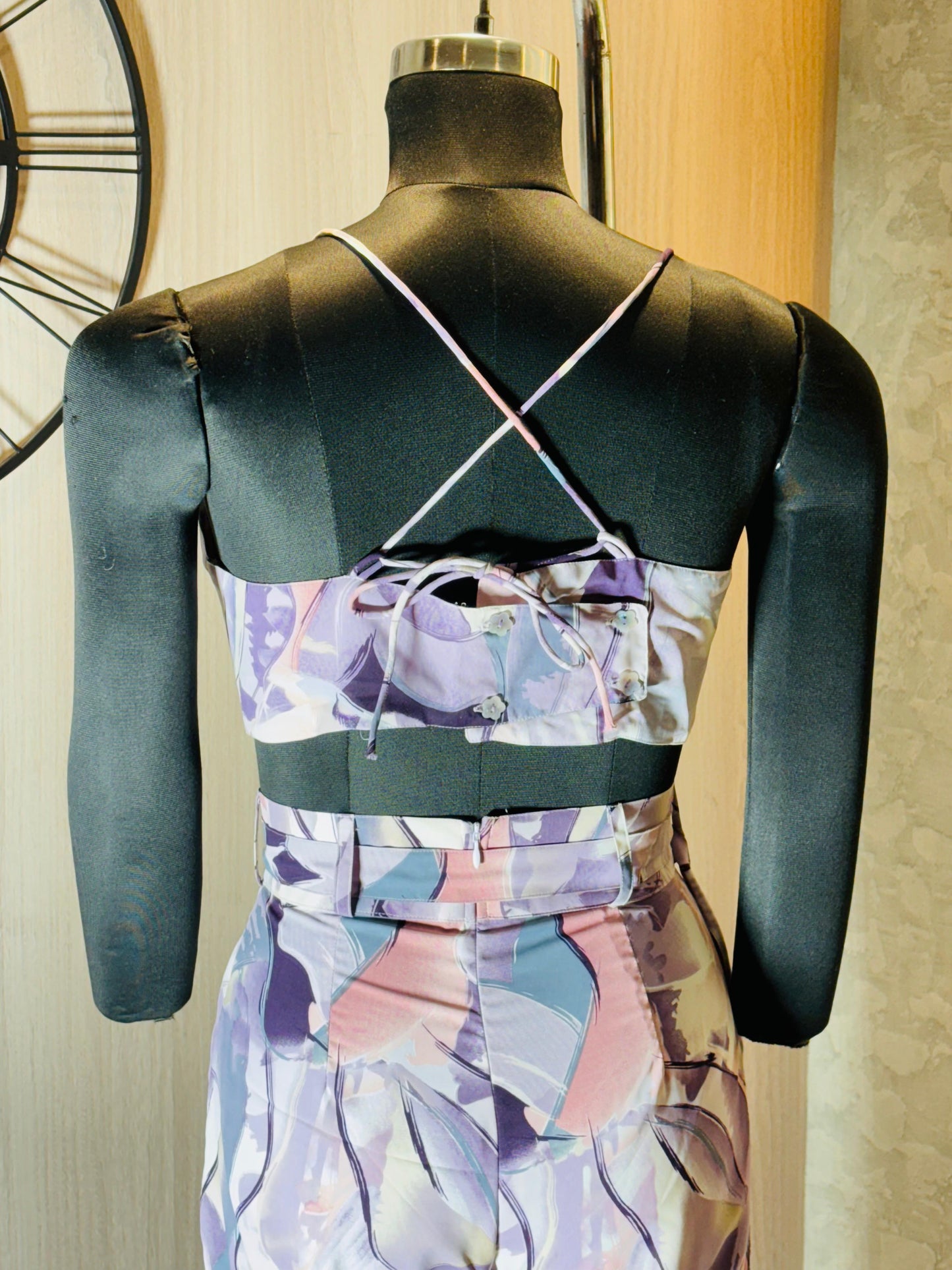 0219-C-HOB-Tropical Pastel Abstract Co-Ord Set – Women's Crop Top & Wide-Leg Pants- Made in india