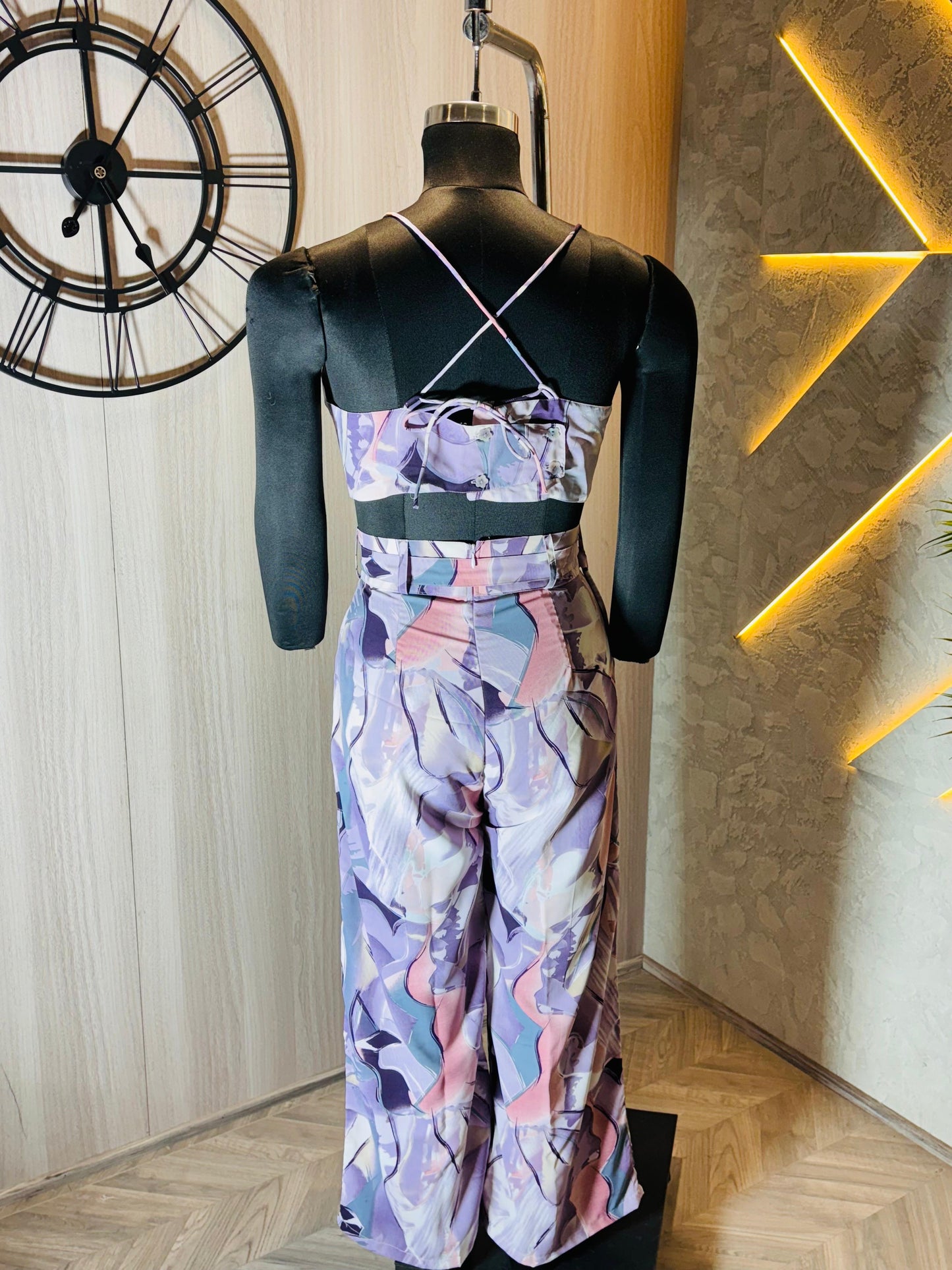 0219-C-HOB-Tropical Pastel Abstract Co-Ord Set – Women's Crop Top & Wide-Leg Pants- Made in india