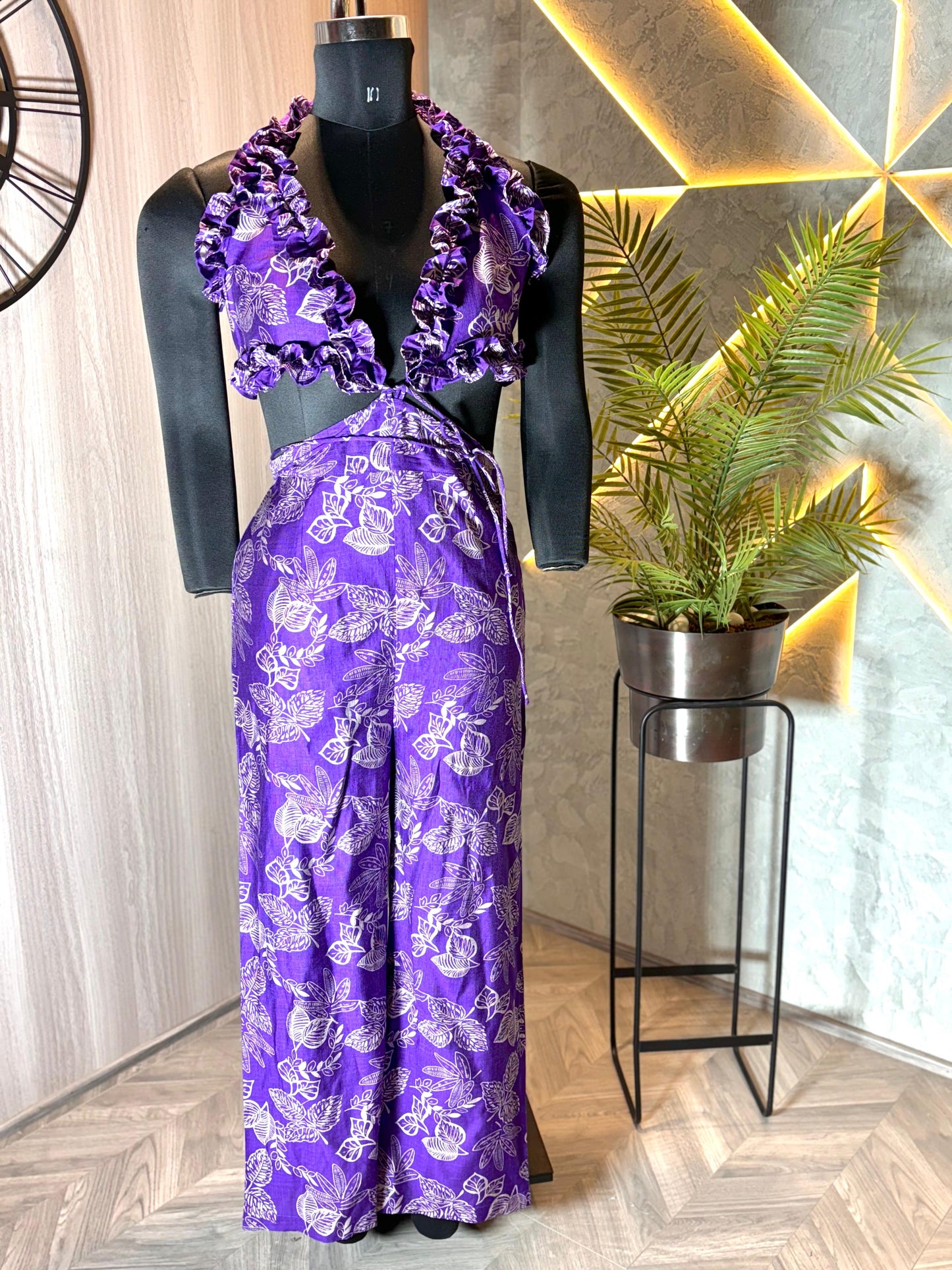 0222-C-HOB -Tropical Ruffle Halter Top & Palazzo Set – Purple Floral Print - Made in india