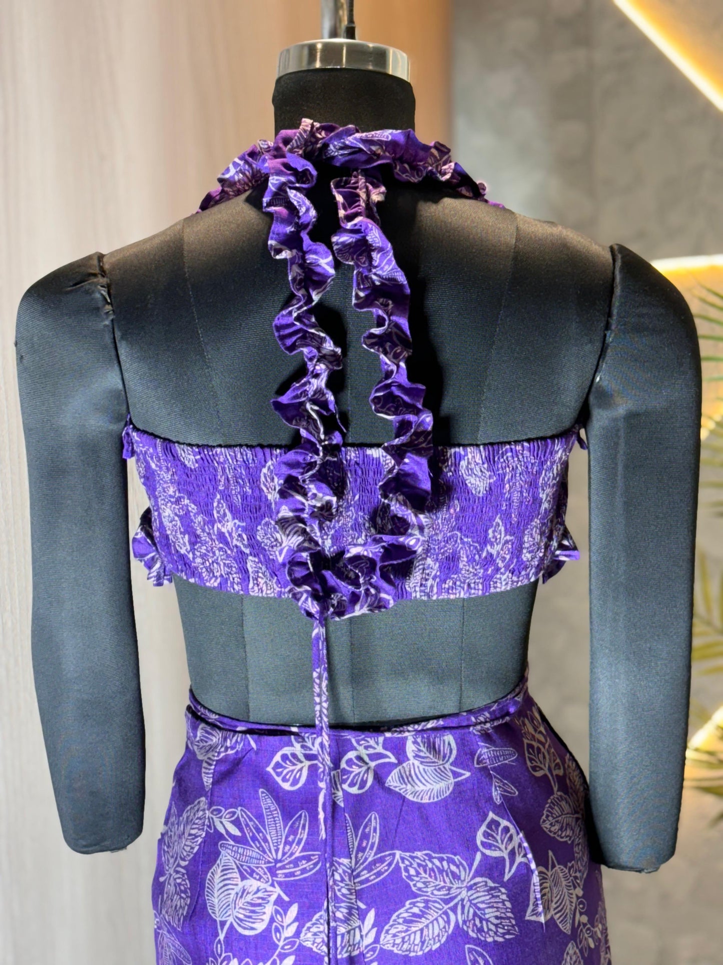 0222-C-HOB -Tropical Ruffle Halter Top & Palazzo Set – Purple Floral Print - Made in india