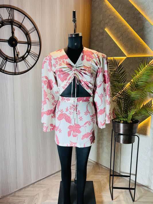 0223-D-HOB -Boho Chic Floral Co-ord Set – Crop Top & Mini Skirt - Made in india
