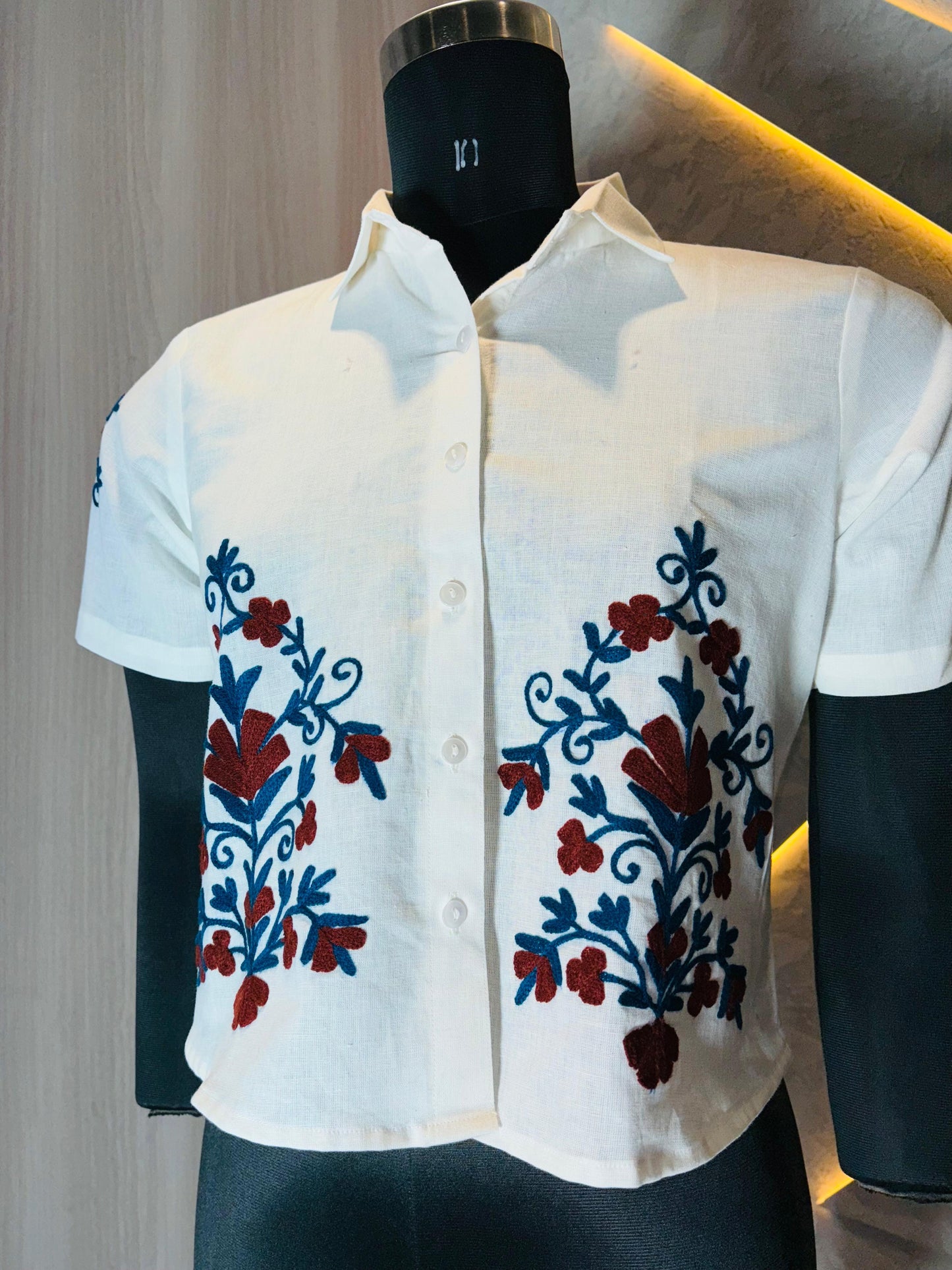 0214-S-HOB- Elegant Hand-Embroidered Indian Cotton Crop Shirt – White- Made in india (