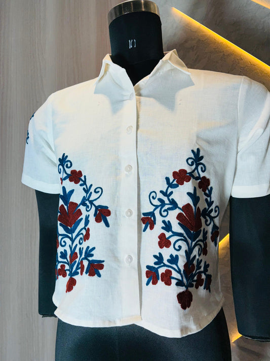 0214-S-HOB- Elegant Hand-Embroidered Indian Cotton Crop Shirt – White- Made in india (