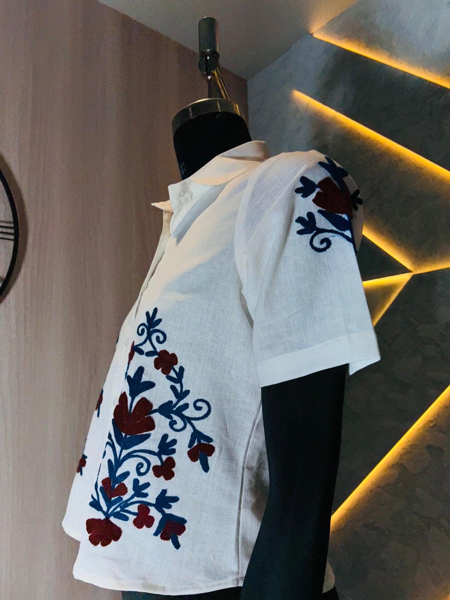 0214-S-HOB- Elegant Hand-Embroidered Indian Cotton Crop Shirt – White- Made in india (