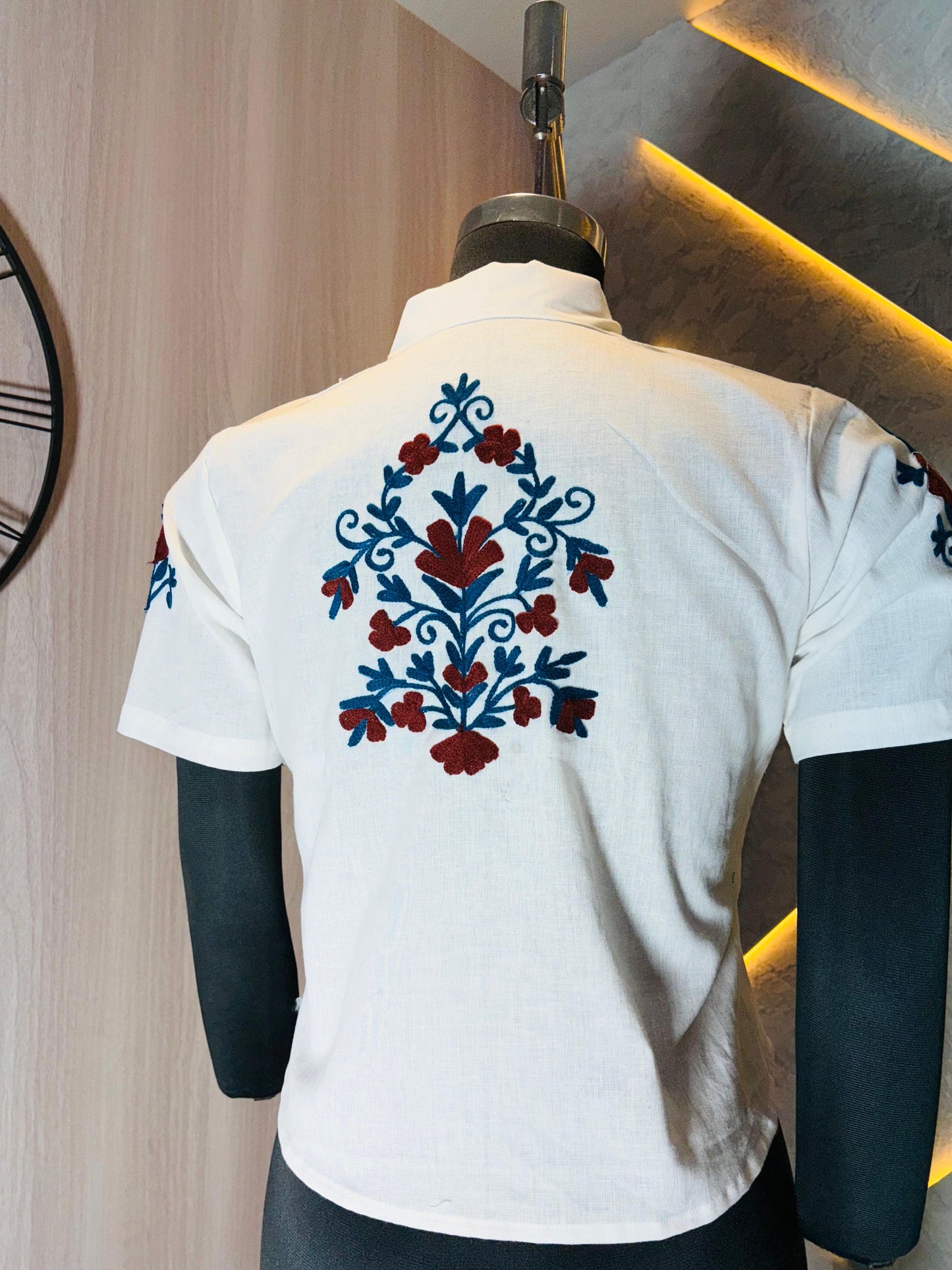 0214-S-HOB- Elegant Hand-Embroidered Indian Cotton Crop Shirt – White- Made in india (