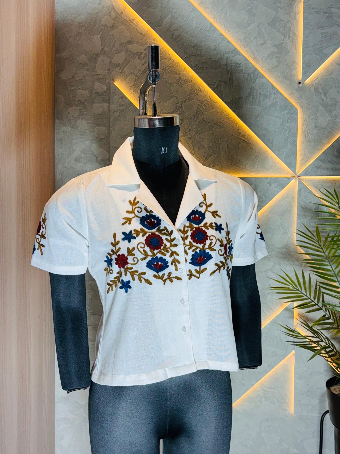 0216-S-HOB- Handcrafted Floral Embroidered Cotton Short Sleeve Blouse- Made in india