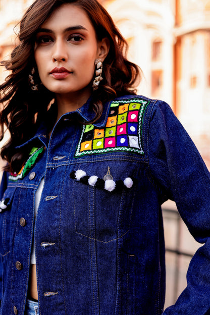 Bohemian Charm Denim Jacket with Handcrafted Embroidery