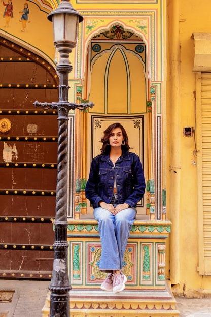 Rustic Glow Denim Jacket with Vibrant Indian Patterns