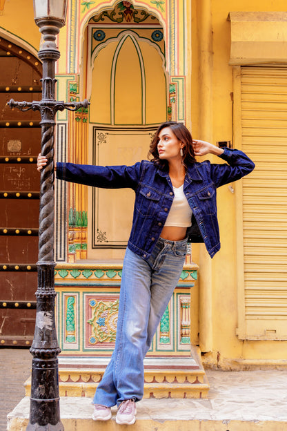 Rustic Glow Denim Jacket with Vibrant Indian Patterns