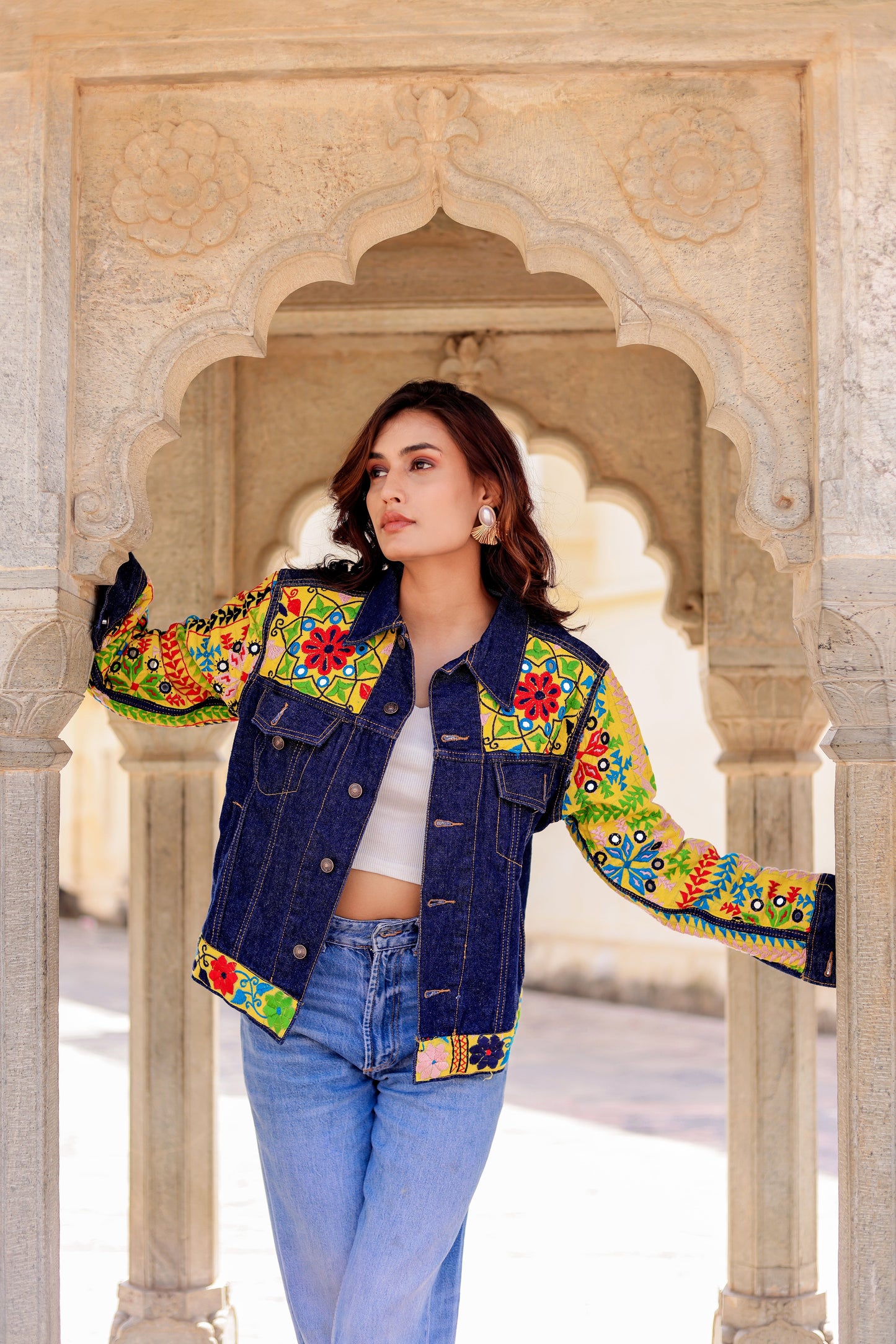 Cultural Wave Denim Jacket with Intricate Handmade Work