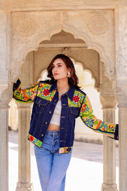 Cultural Wave Denim Jacket with Intricate Handmade Work