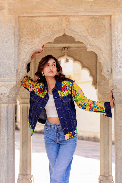 Cultural Wave Denim Jacket with Intricate Handmade Work