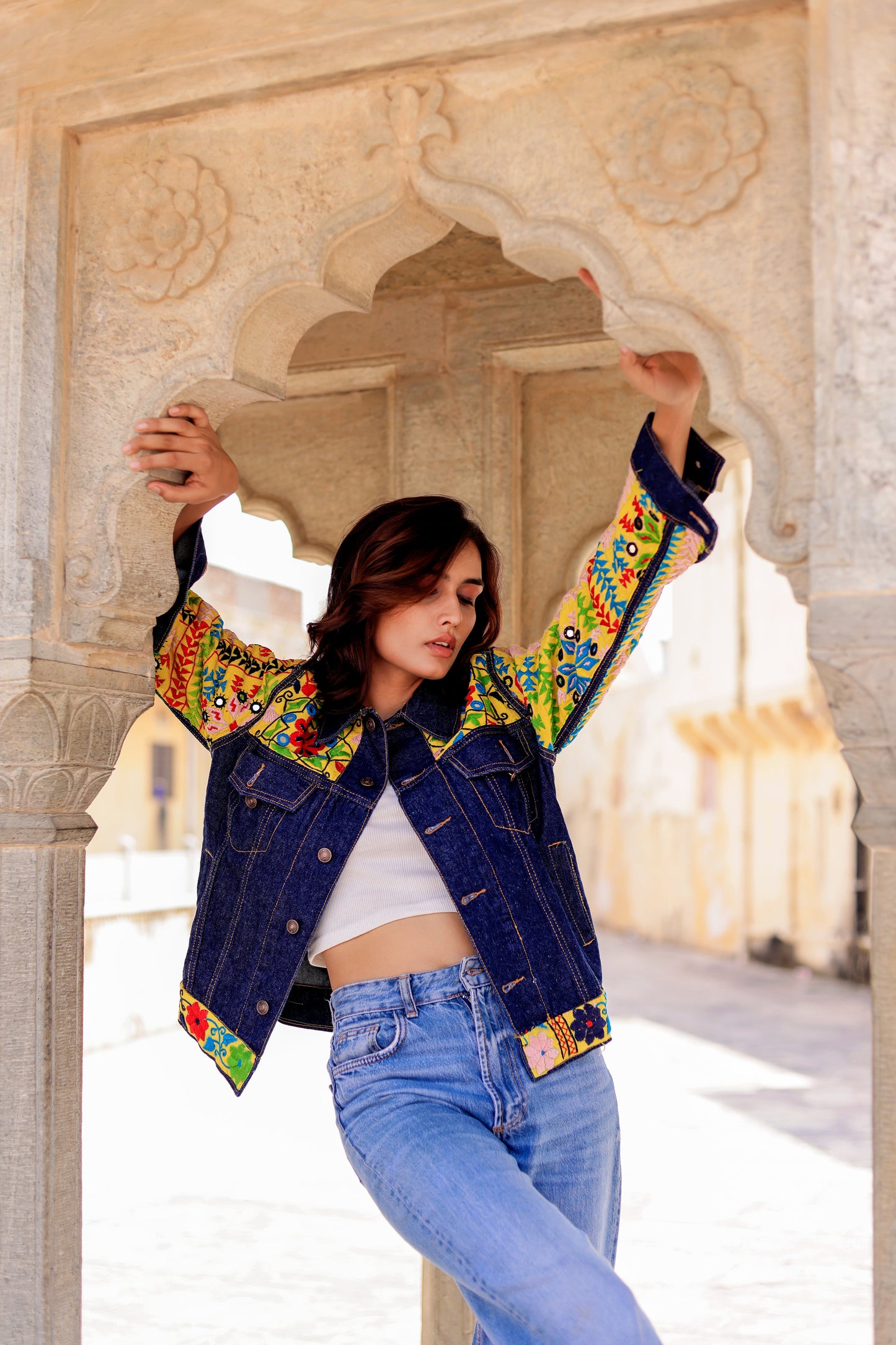Cultural Wave Denim Jacket with Intricate Handmade Work