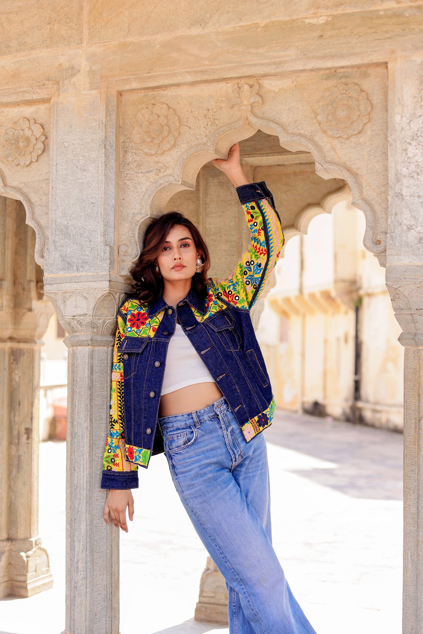 Cultural Wave Denim Jacket with Intricate Handmade Work