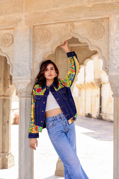 Cultural Wave Denim Jacket with Intricate Handmade Work