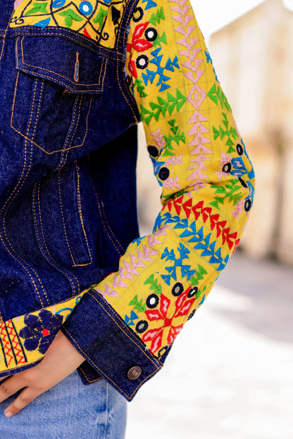 Cultural Wave Denim Jacket with Intricate Handmade Work