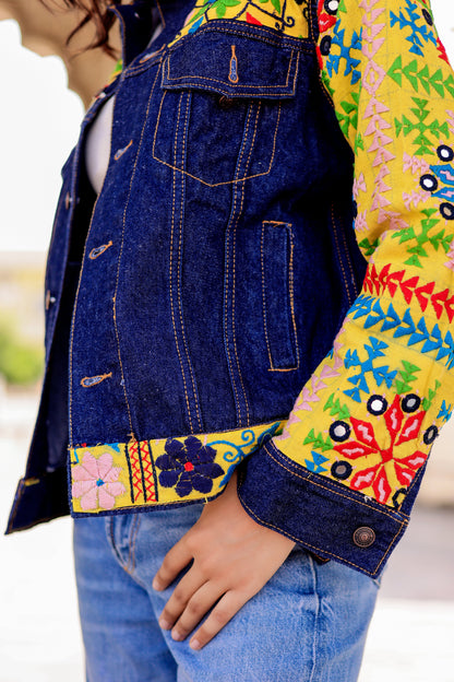 Cultural Wave Denim Jacket with Intricate Handmade Work