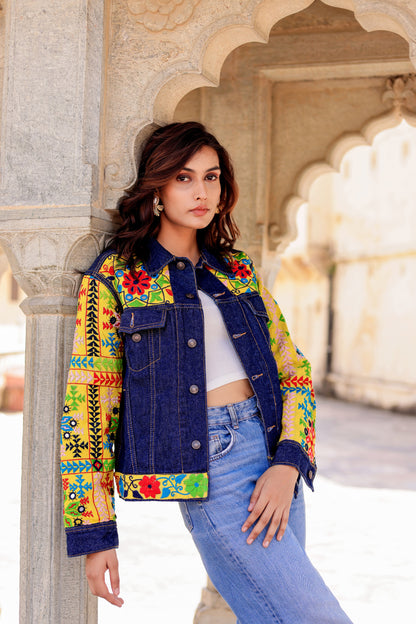 Cultural Wave Denim Jacket with Intricate Handmade Work