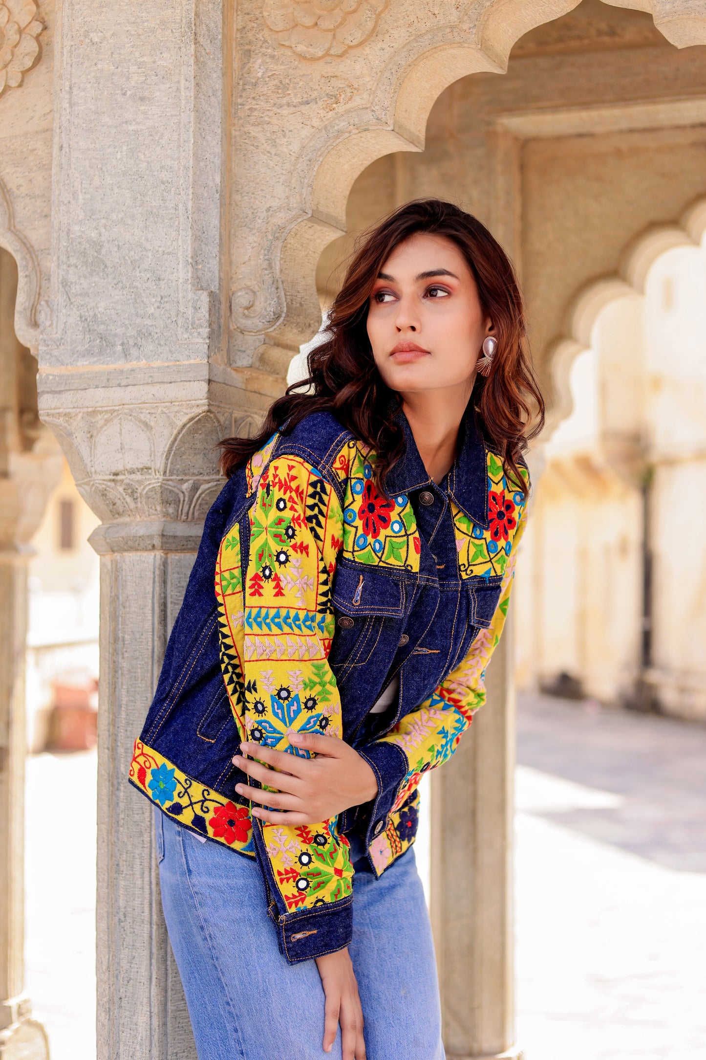 Cultural Wave Denim Jacket with Intricate Handmade Work