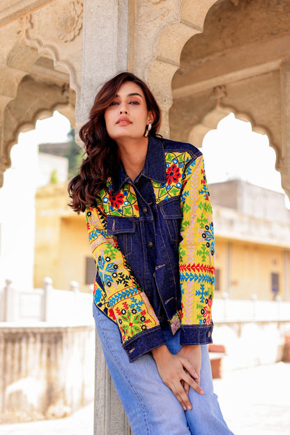 Cultural Wave Denim Jacket with Intricate Handmade Work