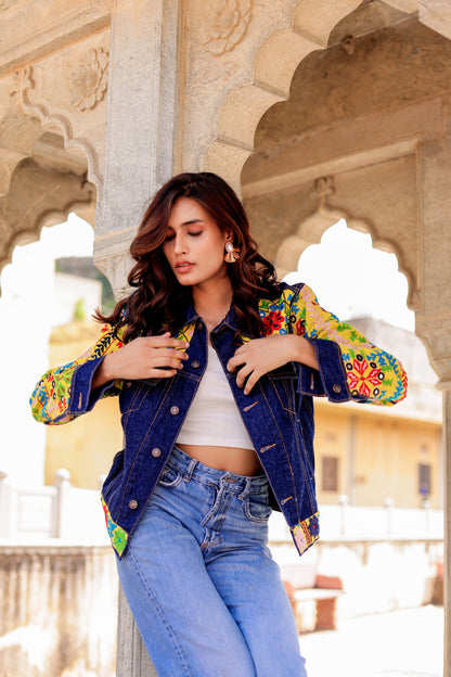 Cultural Wave Denim Jacket with Intricate Handmade Work