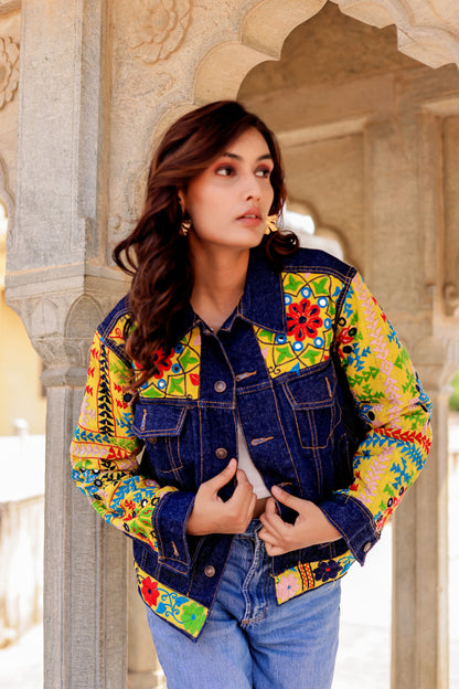 Cultural Wave Denim Jacket with Intricate Handmade Work