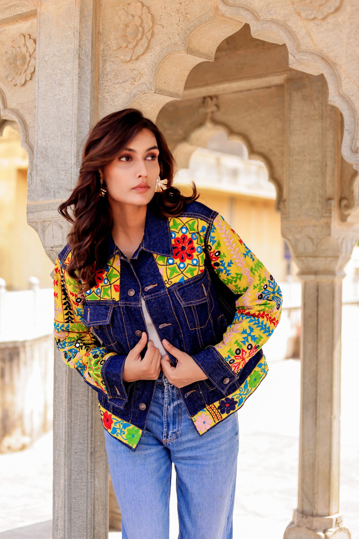 Cultural Wave Denim Jacket with Intricate Handmade Work