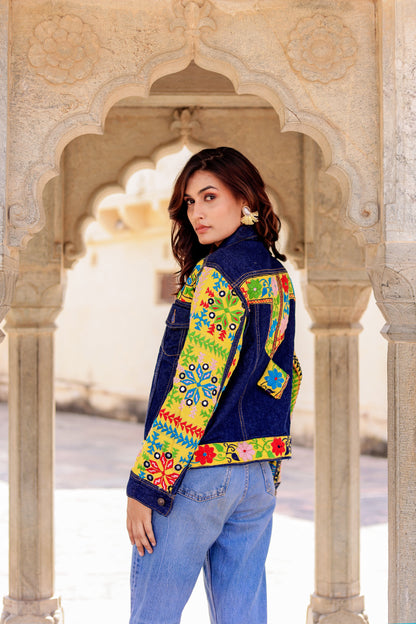 Cultural Wave Denim Jacket with Intricate Handmade Work