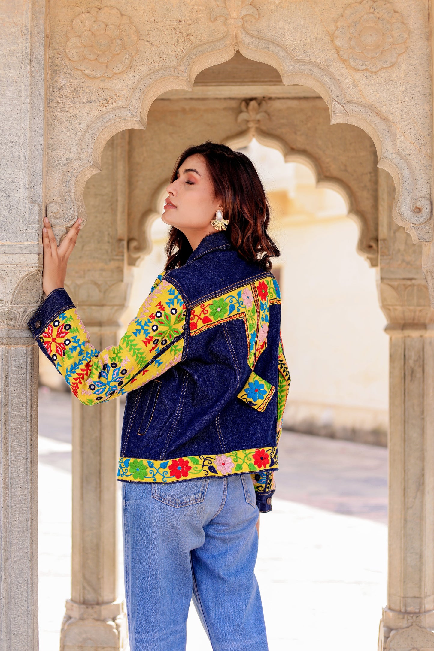 Cultural Wave Denim Jacket with Intricate Handmade Work