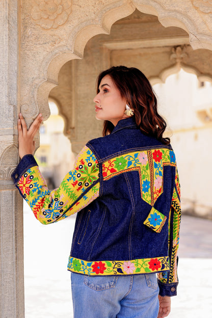 Cultural Wave Denim Jacket with Intricate Handmade Work