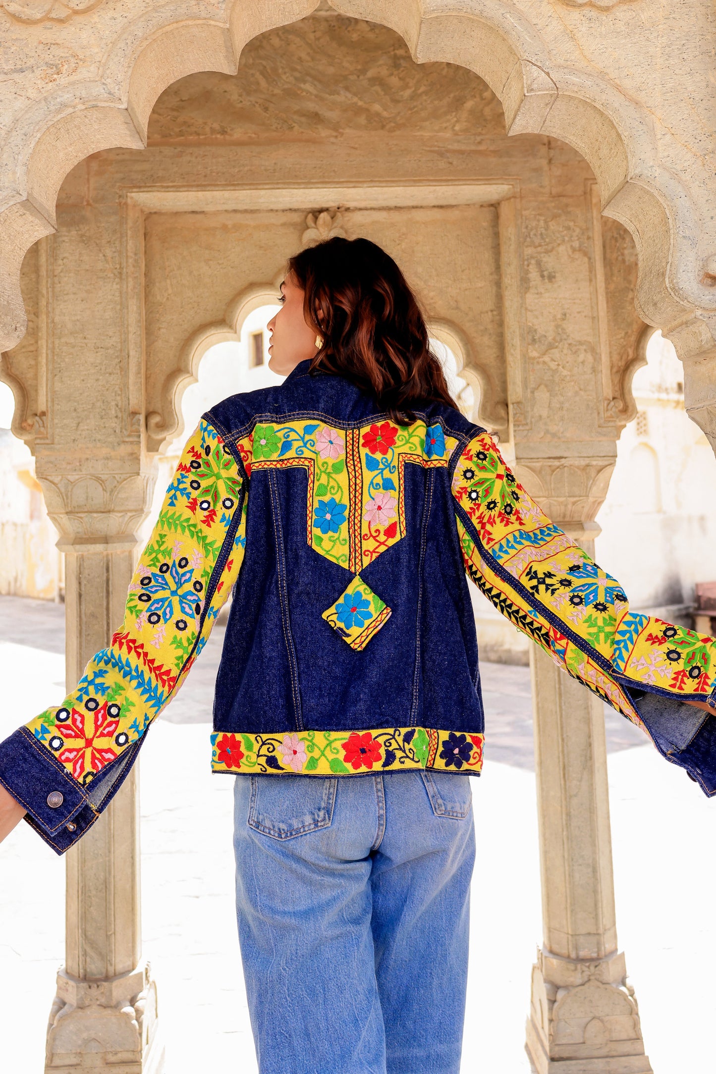 Cultural Wave Denim Jacket with Intricate Handmade Work