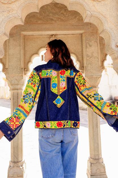 Cultural Wave Denim Jacket with Intricate Handmade Work