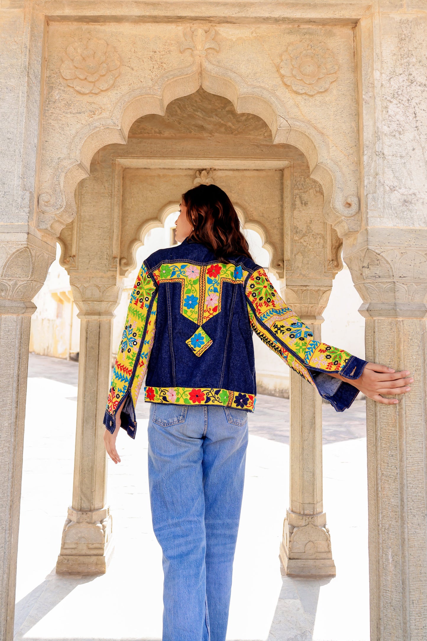 Cultural Wave Denim Jacket with Intricate Handmade Work