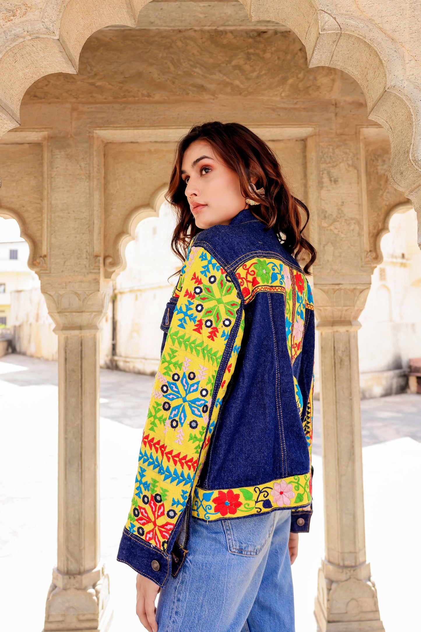Cultural Wave Denim Jacket with Intricate Handmade Work