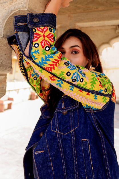 Cultural Wave Denim Jacket with Intricate Handmade Work