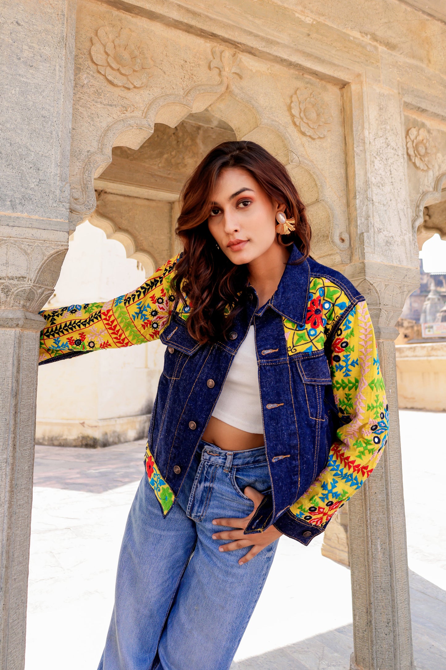 Cultural Wave Denim Jacket with Intricate Handmade Work