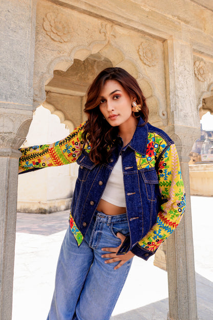 Cultural Wave Denim Jacket with Intricate Handmade Work