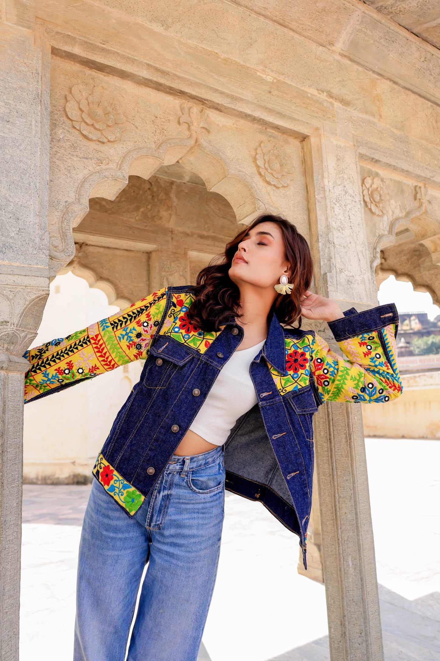 Cultural Wave Denim Jacket with Intricate Handmade Work