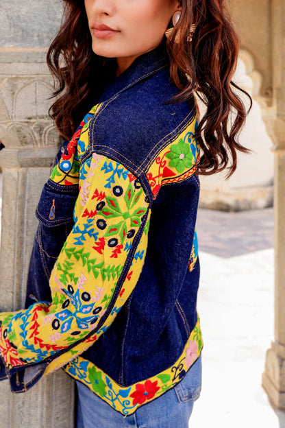 Cultural Wave Denim Jacket with Intricate Handmade Work