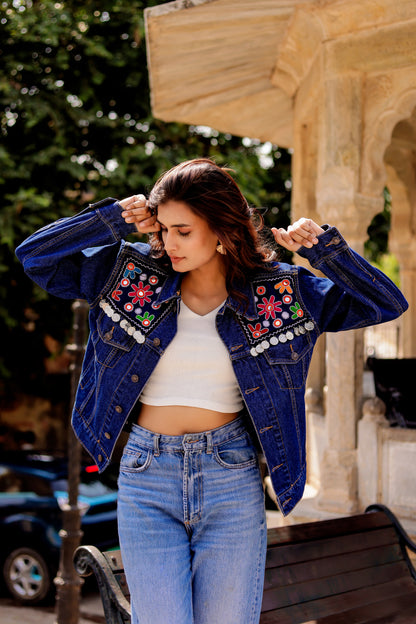 0170-J-HOB Boho Chic Embroidered Denim Jacket  - Made in India