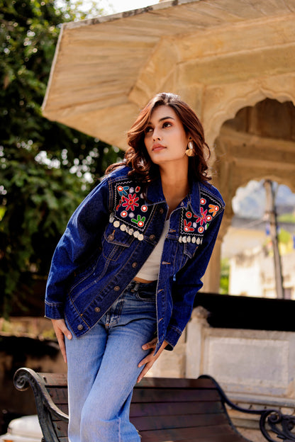 0170-J-HOB Boho Chic Embroidered Denim Jacket  - Made in India