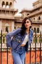 Cultural Wave Denim Jacket with Intricate Handmade Work