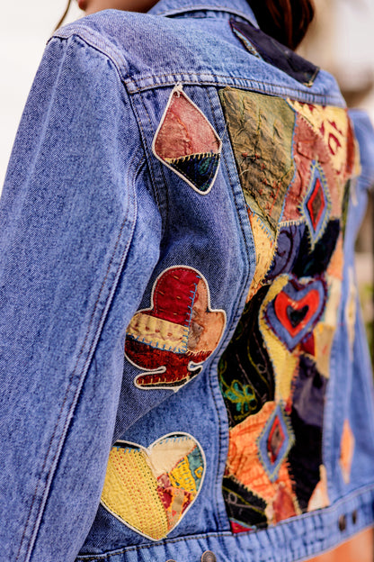 Cultural Wave Denim Jacket with Intricate Handmade Work