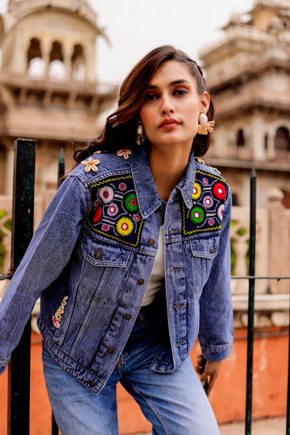 0163-J-HOB-Boho Chic Embroidered Denim Jacket - Made in India
