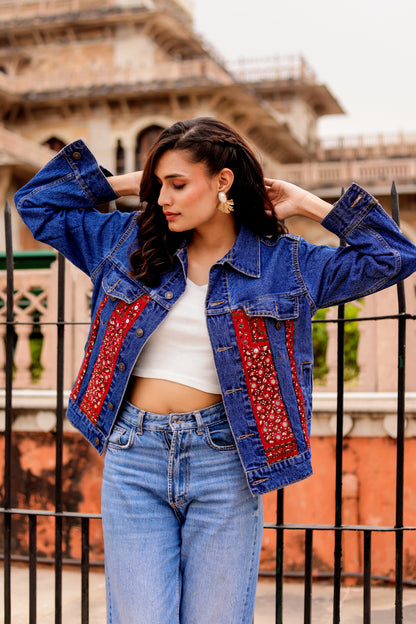 0175-J-HOB Indigo Bloom" Embroidered Patch Denim Jacket - Made in India