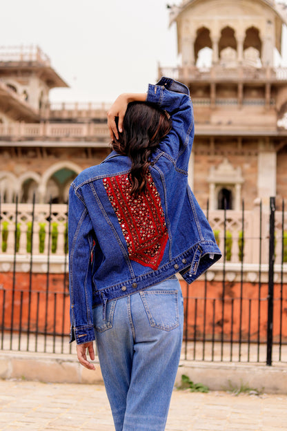 0175-J-HOB Indigo Bloom" Embroidered Patch Denim Jacket - Made in India