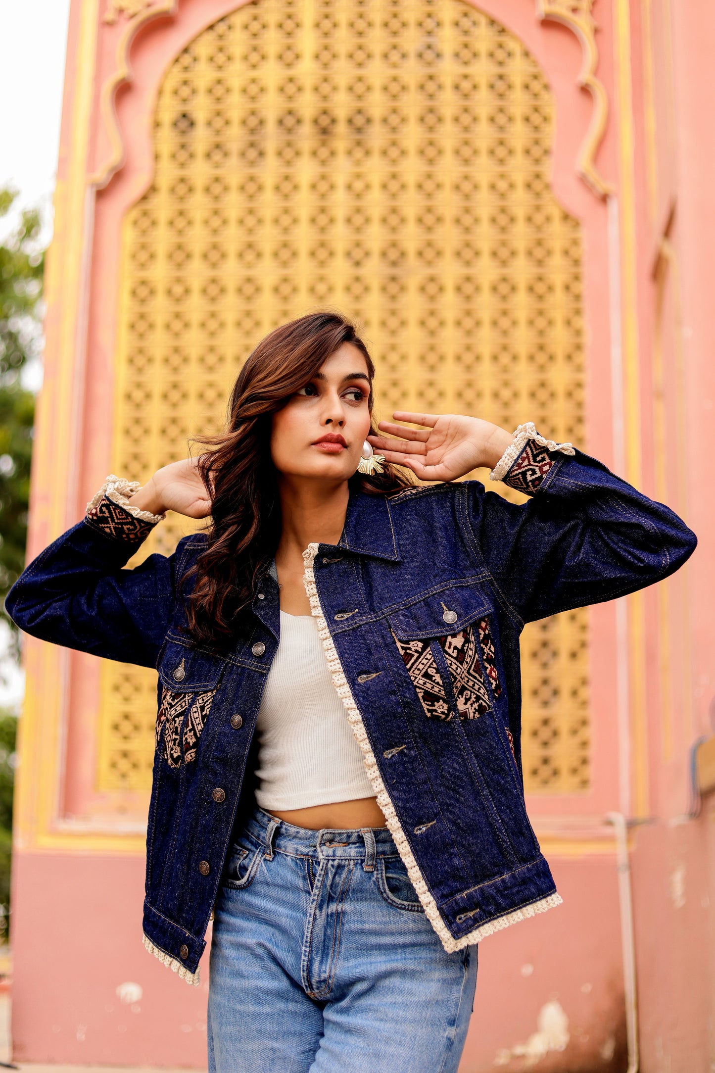 Boho Spirit Jacket: Fusion of Denim and Indian Art