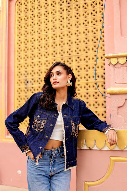 0164-J-HOB-Artisan Embroidered Indigo Denim Jacket - Made in India